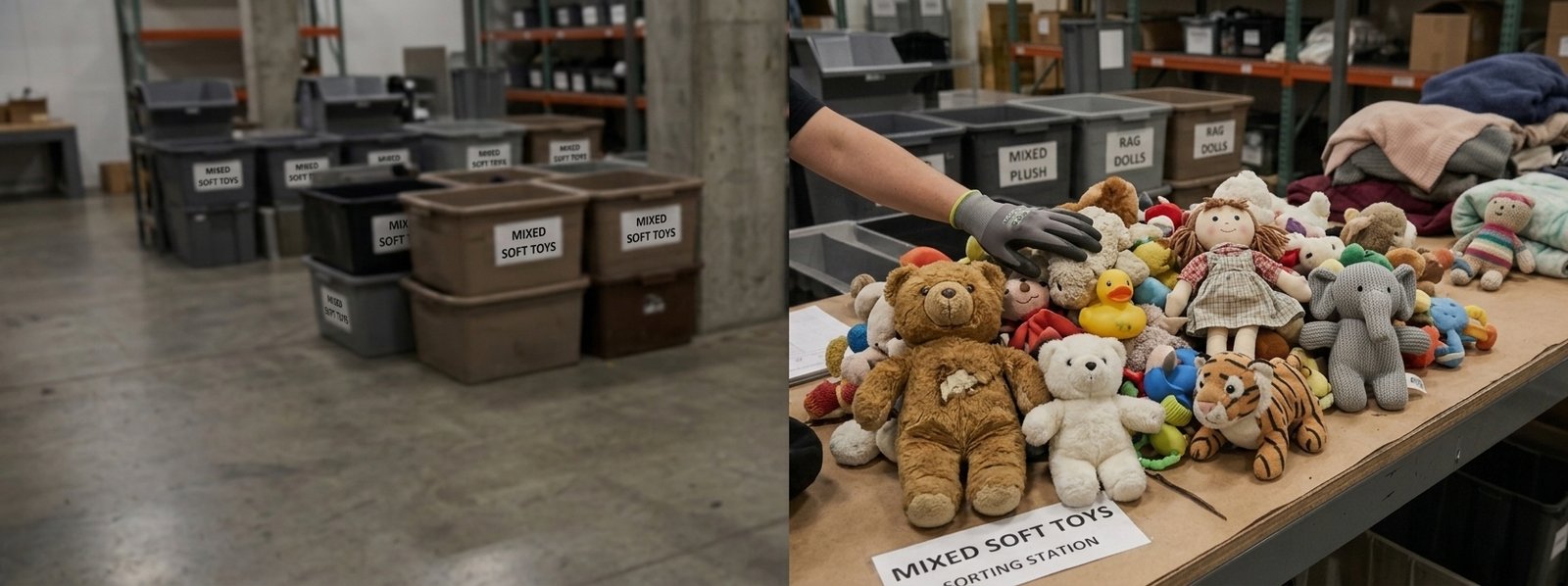 Mixed soft toys sorted and sanitised