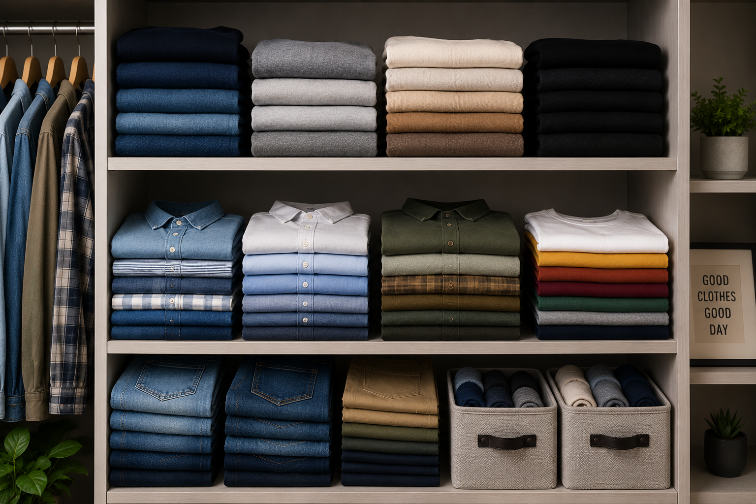 Sorted clothing folded and shelved by product line
