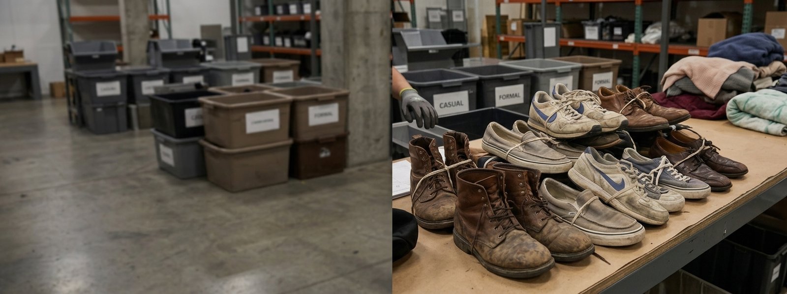 Used footwear paired and graded on the sorting table
